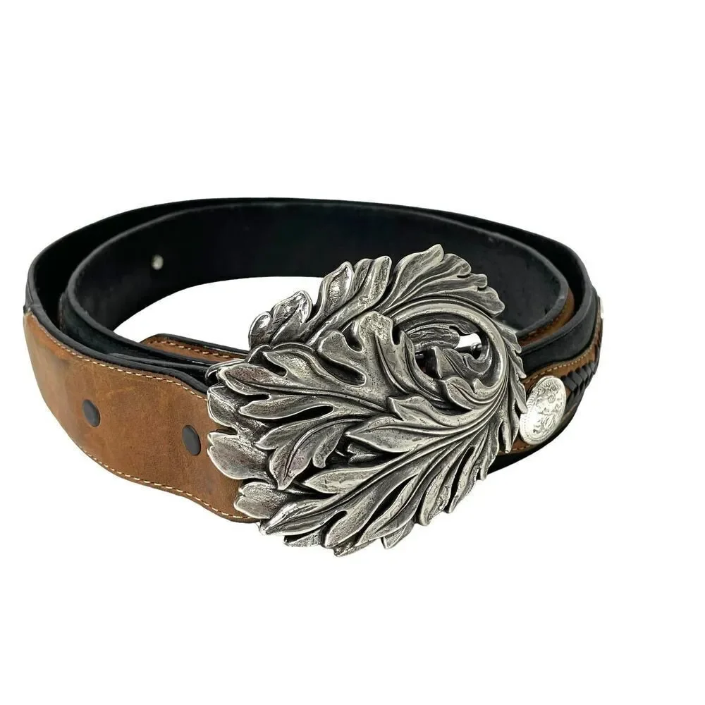 Tony Lama leather braided coin studs‎ floral buckle belt Sz 44 western boho